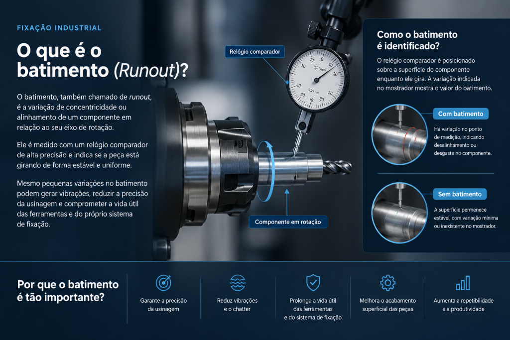 Infográfico explicando o batimento (runout) em sistemas de fixação industrial com relógio comparador